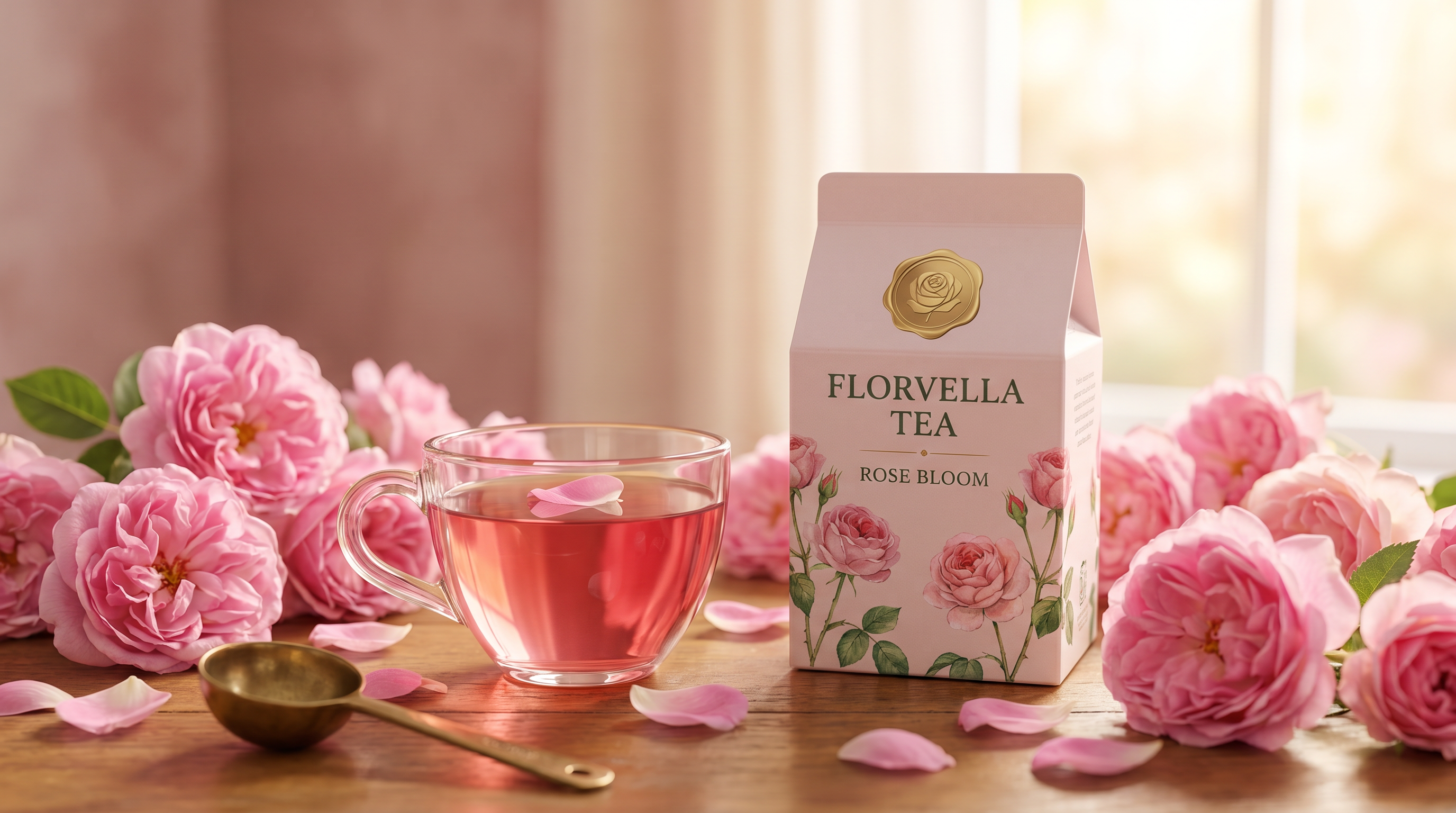A clear glass cup of brewed rose infusion in apothecary morning light.