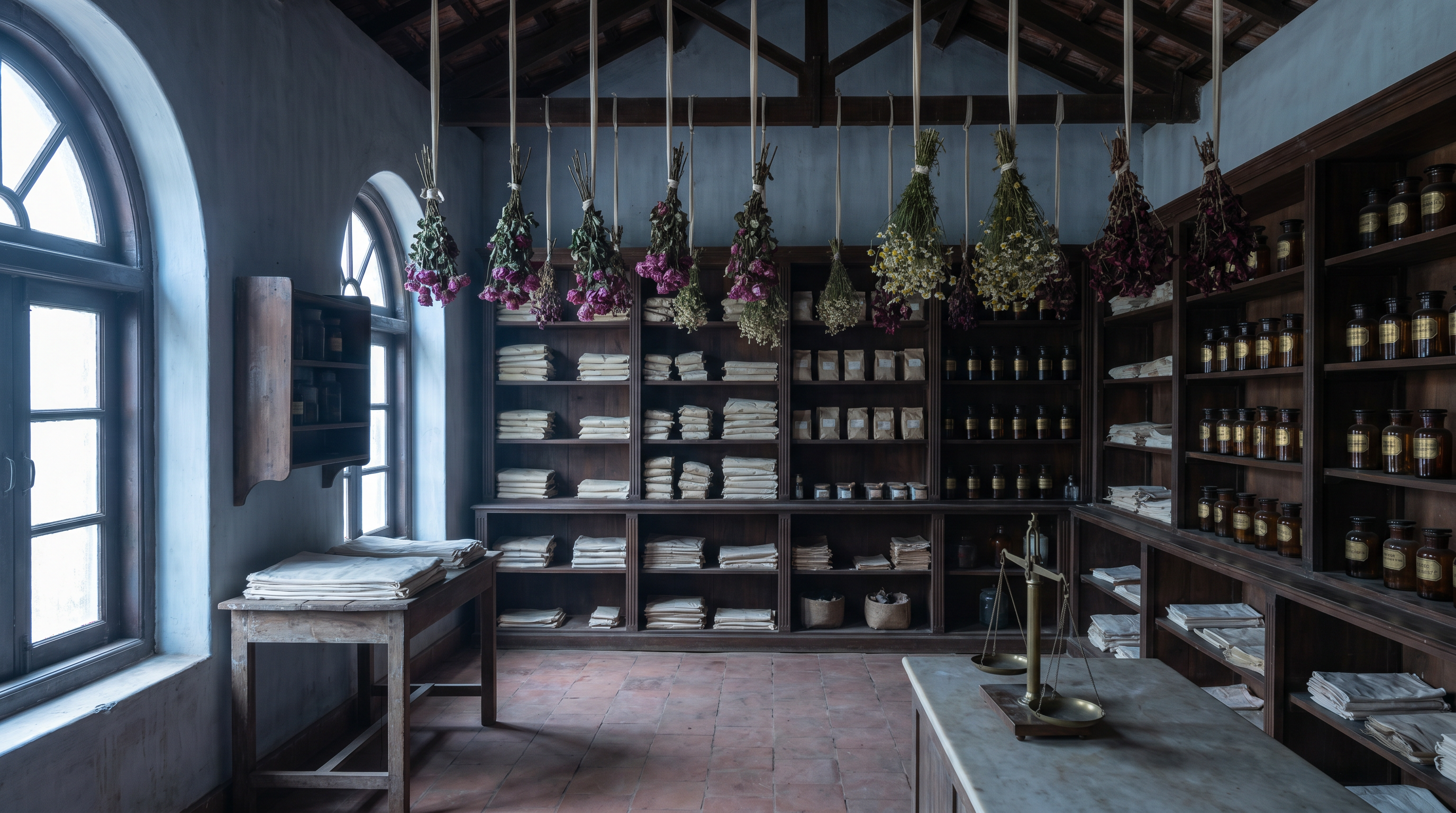 The Florvella drying room. Bunches of rose, chamomile, and hibiscus hang from the rafters in shaded morning light.