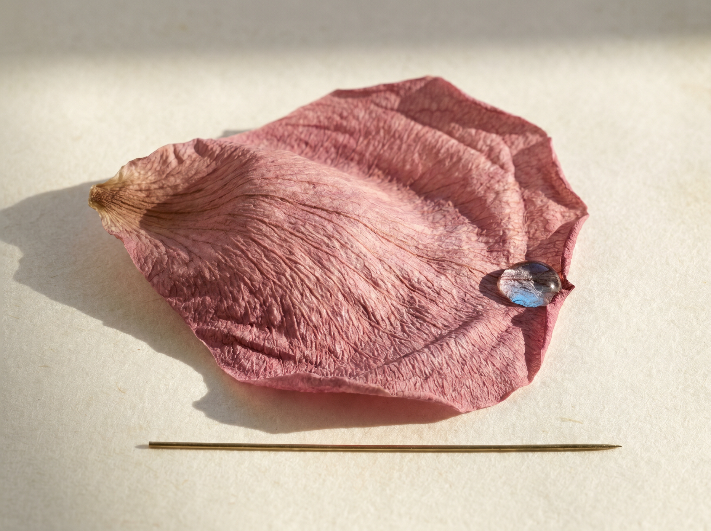 A single damask rose petal, water-bead caught on its surface.