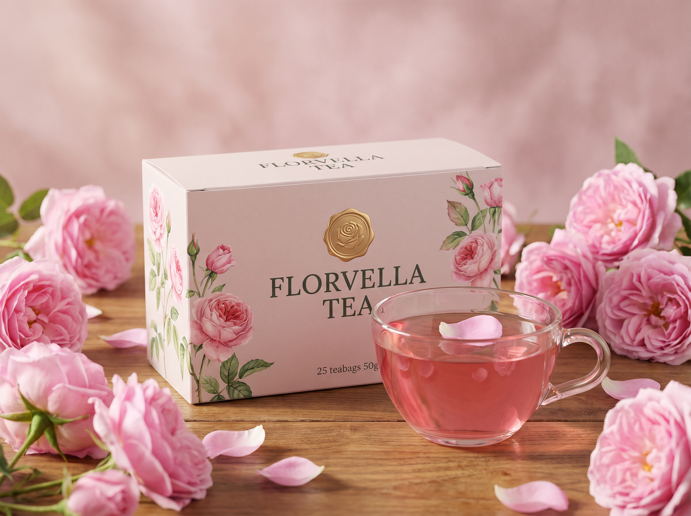 Florvella Rose Bloom carton with brewed pink rose tea