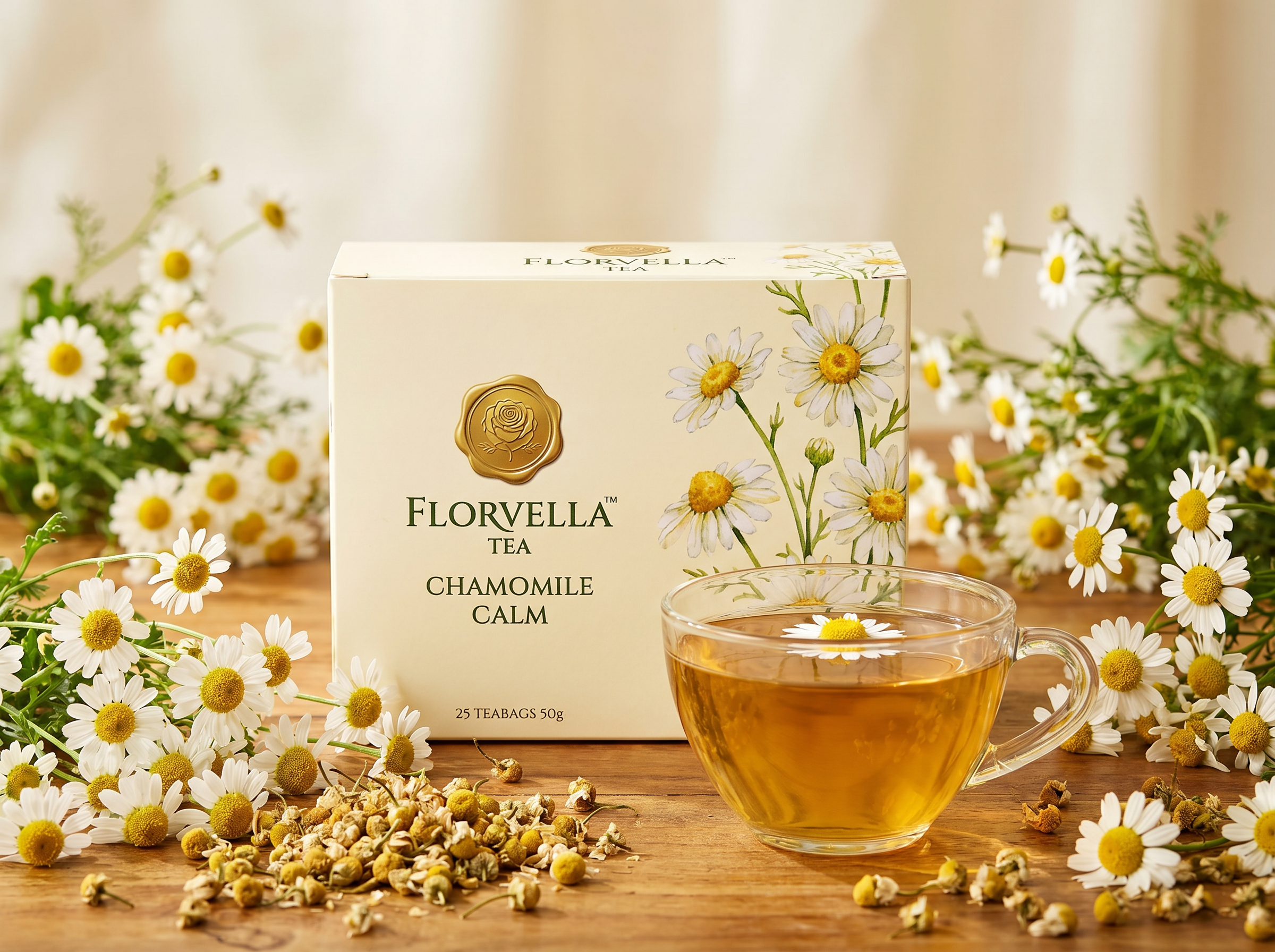 Florvella Chamomile Calm carton with brewed honey-gold chamomile tea