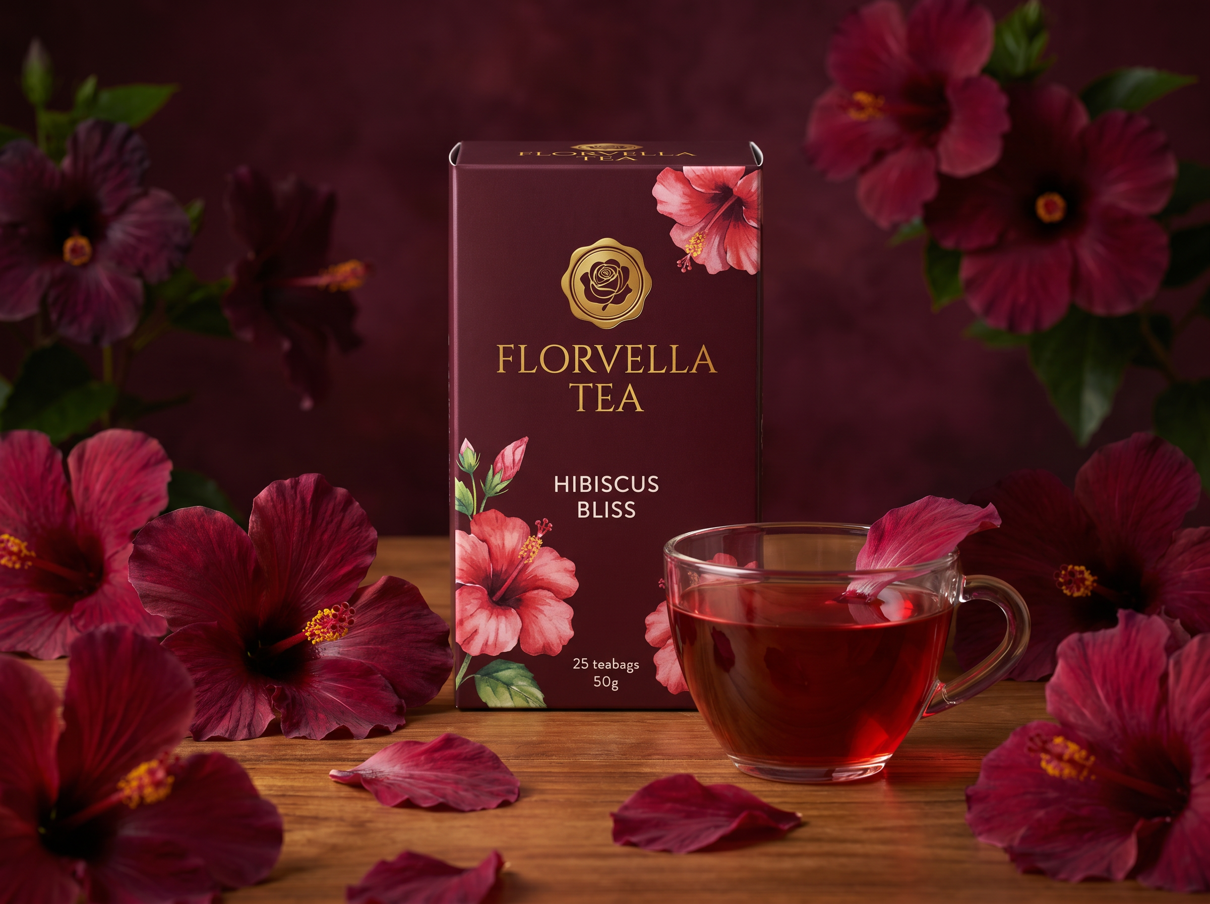 Florvella Hibiscus Bliss carton with brewed garnet hibiscus tea